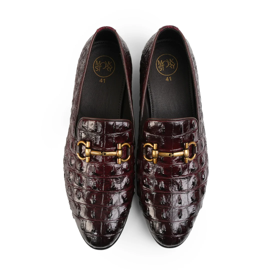 Monkstory Horsebit Exotic Scale Textured Slip-Ons – Burgundy - Image 7