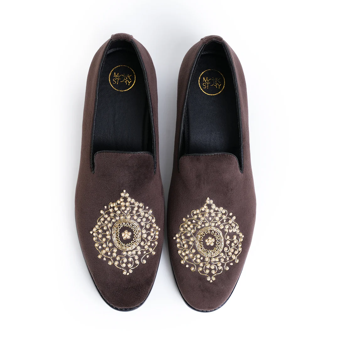 Monkstory Maharaja Zardosi Embroidered Slip-Ons – Brown