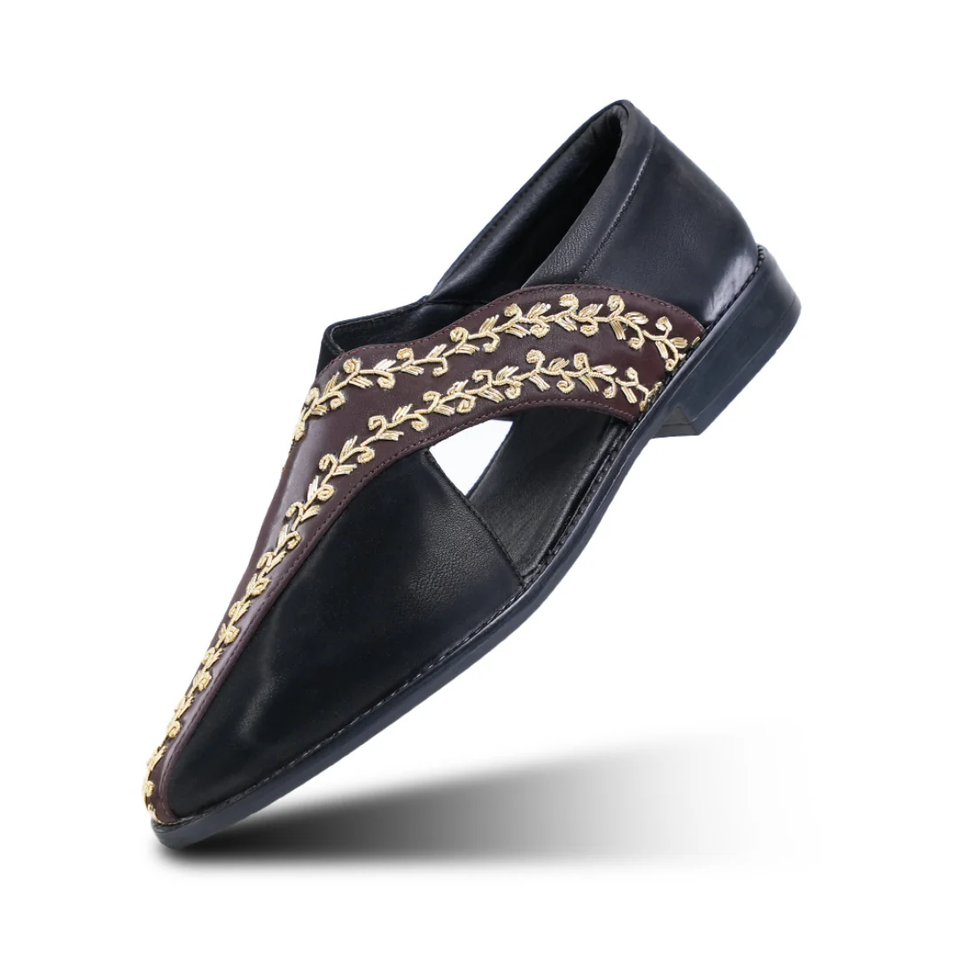 Monkstory Two Tone Embroidered Nawabi Sandals - Black/Brown - Image 2
