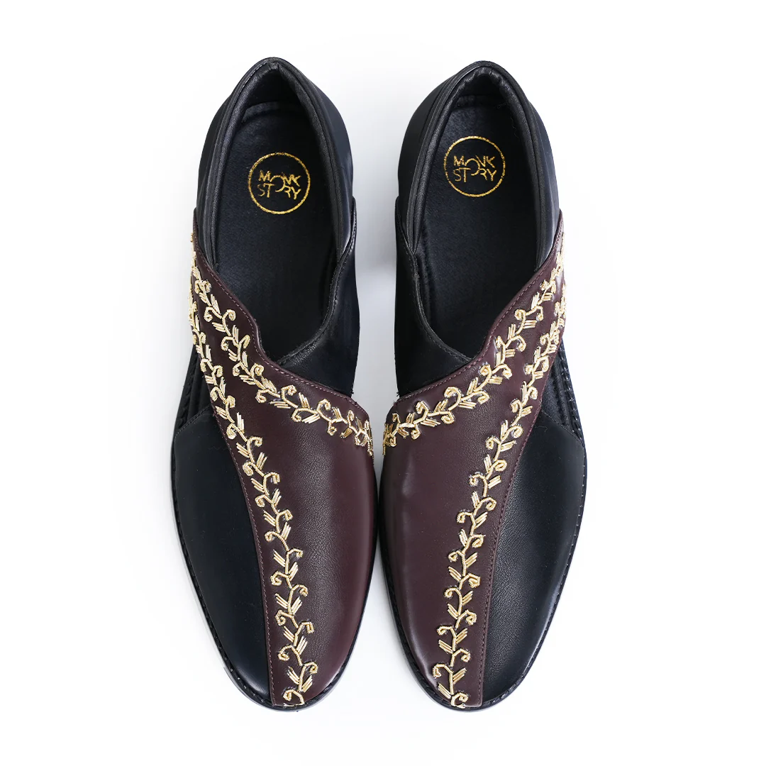 Monkstory Two Tone Embroidered Nawabi Sandals - Black/Brown - Image 4