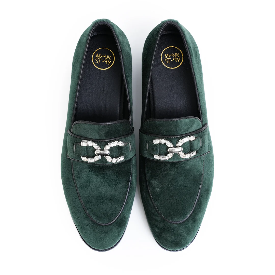Monkstory Velvet Crystal Bit Loafers β Royal Green - Image 4